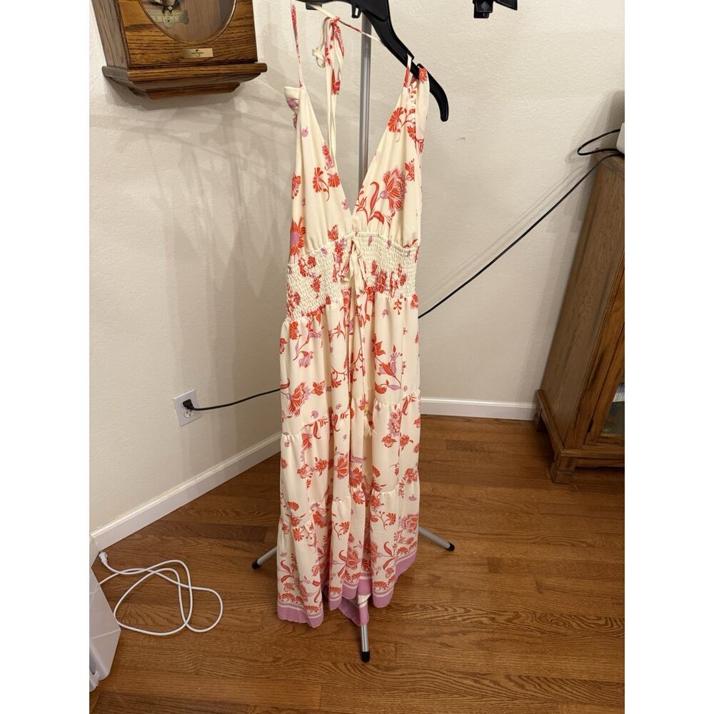 C&V Maxi Dress Ivory Floral Chiffon Tassel Tie Sleeveless M Women